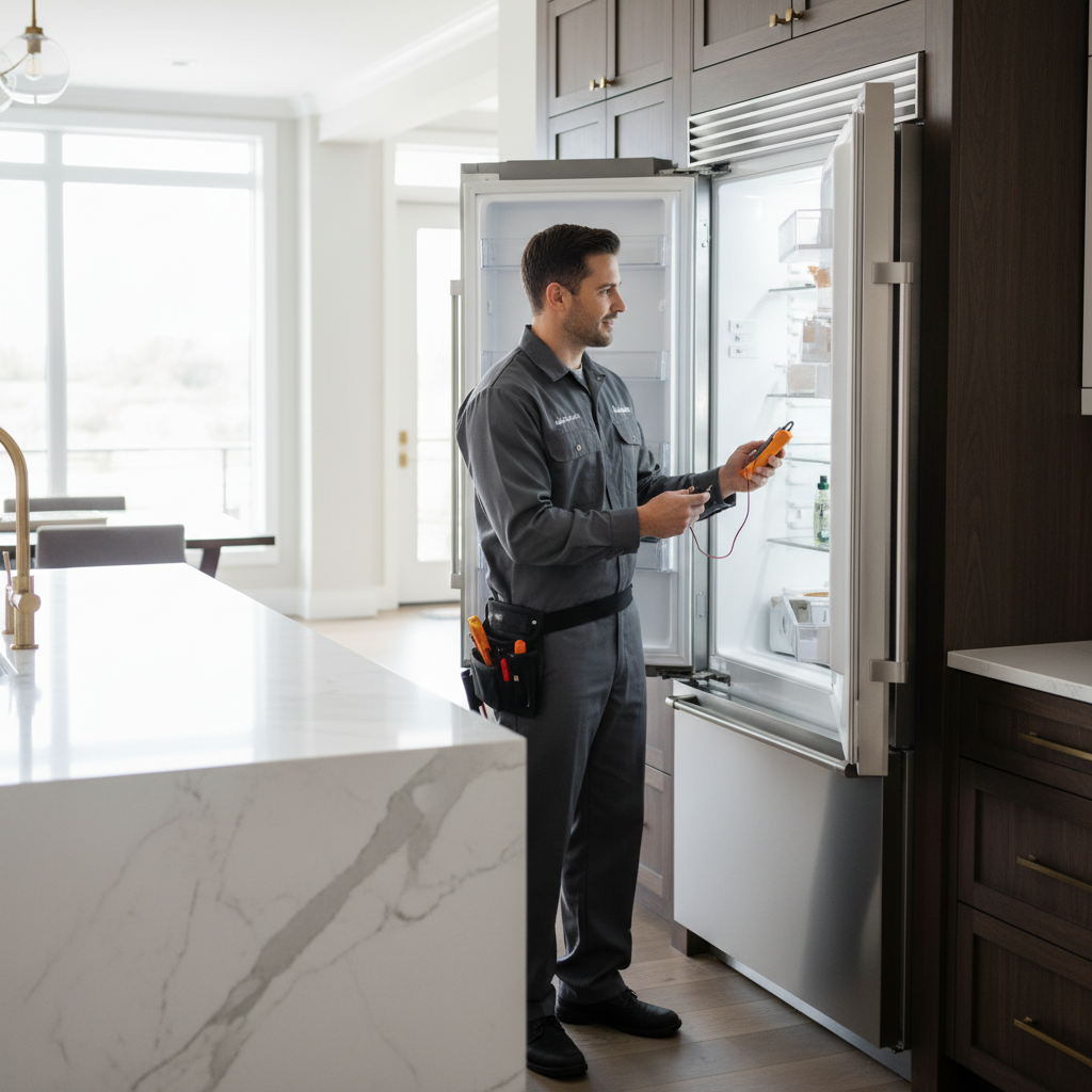 Professional appliance repair technician inspecting a built-in refrigerator